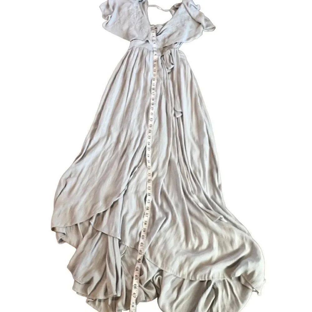 Free People Fiona Long Gray Floral Embroidered Wrap Maxi Dress SIZE S